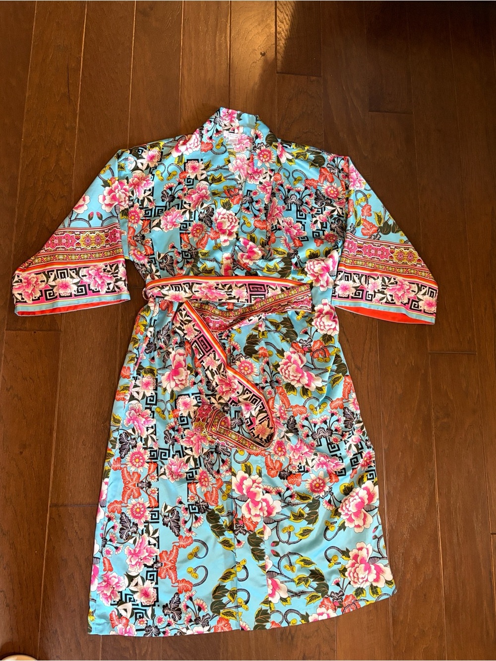 Natori Robe, S/M, Kimono Aqua, Pink Orange Floral Pattern, Tie Waist